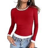 Cicy Bell Womens Long Sleeve Tops Patchwork Crewneck Slim Fit Shirts Going Out Casual Fall Basic Tees