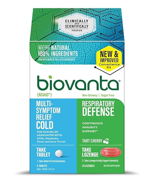 BIOVANTA COLD AND FLU RELIEF KIT PLUS IMMUNE SUPPORT, 6 PLANT-BASED ASPIRIN TABLETS, 24 TART CHERRY WITH COOLING MINT, SUGAR FREE IMMUNE-BOOSTING COUGH DROPS