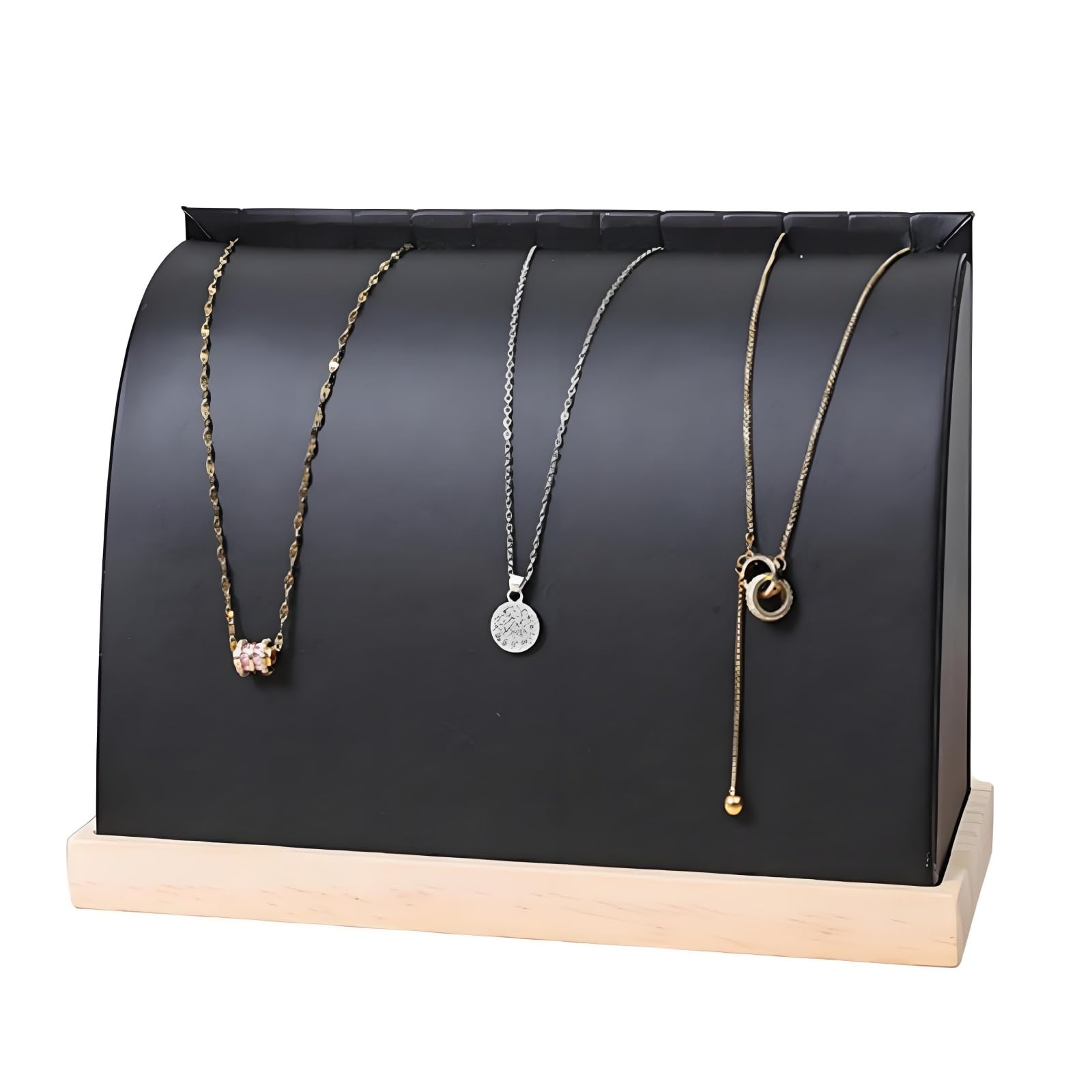 Photo 1 of SWTOOL Cambered Necklace Display Stand with Leather Soft Mat Wood Jewelry Organizer Tabletop Display Holder for Necklaces,Choker Pendant (Black)