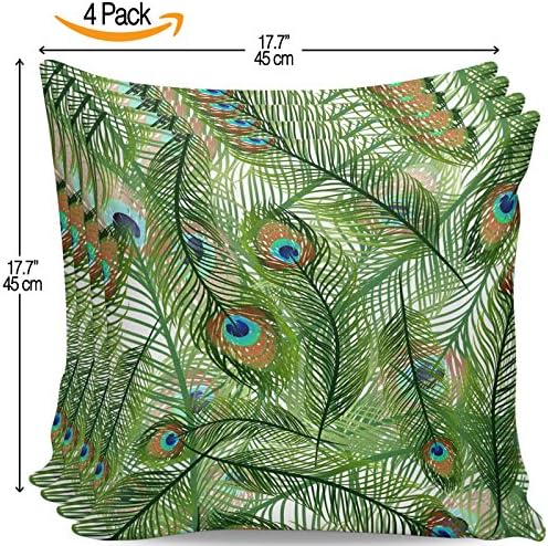 Serra Home 4-Pack Decorative Green Multicolored Peacock Feather Shapes, 18" x 18" Throw Pillow Covers Set Turkish New Design Linen Square Made in Turkey Patterned Cases Couch Cushion for Sofa Bedroom