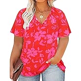 CARCOS Womens Plus Size Floral Blouses Ruffle Short Sleeve Boho Tops Chiffon Summer Shirts Drawstring Business Shirts XL-5XL