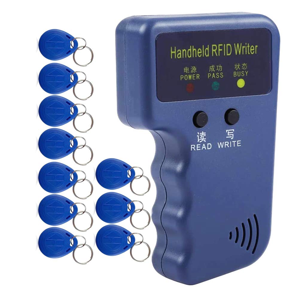 HERNAS New Version Handheld 125KHz RFID Reader Writer Duplicator Copier, EM4100 ID Tags Reader, with 10pcs Writable Key Fobs EM4305 T5577 Cards, Access Control Reader, NOT For HID or 13.56MHz IC
