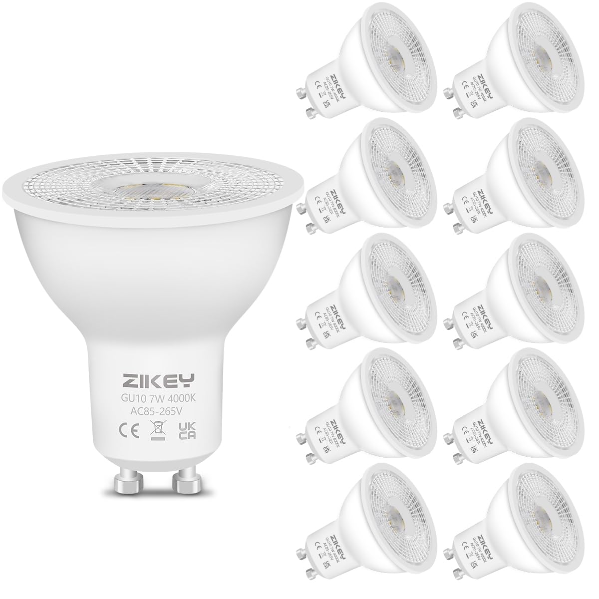 ZIKEY 7W GU10 LED Light Bulbs, Neutral White 4000K GU10 Spotlight, 650LM, Equivalent to 60W, 38° Beam Angle, Energy-Saving LED Bulbs, Non-dimmable, 10 Pack