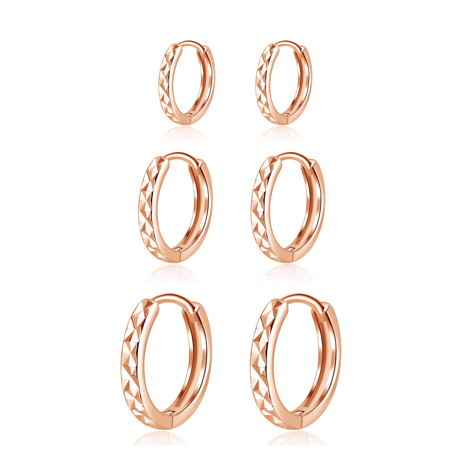 Josfeva Silver Hoops Earrings for Women Men, Hypoallergenic 925 Sterling Silver Small Hoop Earring for Pierced Ears, 3 Pairs Tiny Sleeper Huggie Hinged Unisex Rose Gold Hoop Earring Set(10/12/14mm)