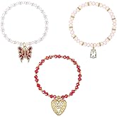 Madison Tyler Valentines Day Charms Gold Plated Rose Bracelet for Women | Pave Rhinestone Heart | Red Rose Imitation Pearl Charms Jewelry for Her | Couples Gifts Valentine's Day