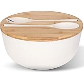 CoreGourmet Wooden Salad Bowl with Lid, Spoon and Fork, 9.8 inches Large Bamboo Fiber Mixing Set, Lightweight Serving bowl for Kitchen, Pasta, Fruit, Vegetables