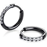 Hypoallergenic Unisex Surgical Steel Small Cubic Zirconia Huggie Hoop Earring, Color Gold - Silver - Rose Gold - Black - Rainbow, Size 6mm- 12mm Safe for Sensitive Ear