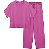 Fisoew Womens 2 Piece Outfits Sweater Sets Knit Split Crop Tops High Waisted Pants Lounge Set