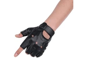 JISEN Men PU leather Punk Gloves Steampunk Gothic Half Finger Hook-Loop Mittens