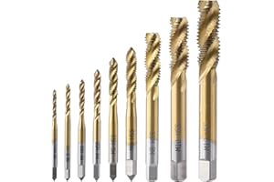 BOUPOWER 9pcs Machine Screw Tap Set Metric M2 M2.5 M3 M4 M5 M6 M8 M10 M12 Thread Tapping Tool, HSS (High Speed Steel) Titanium Coated Spiral Flute Metric Taps Set
