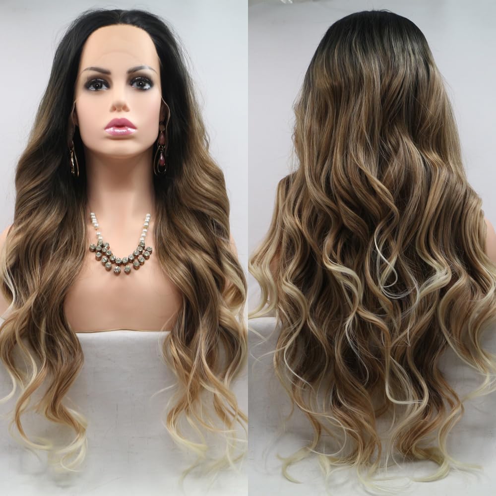 Xiweiya Long Black Curly Wig Ombre Brown with Blonde Tips Synthetic Lace Front Free Part 3 Tones Color Hair Replacement Wig for Women & Drag Queen Cosplay 24" — image 1