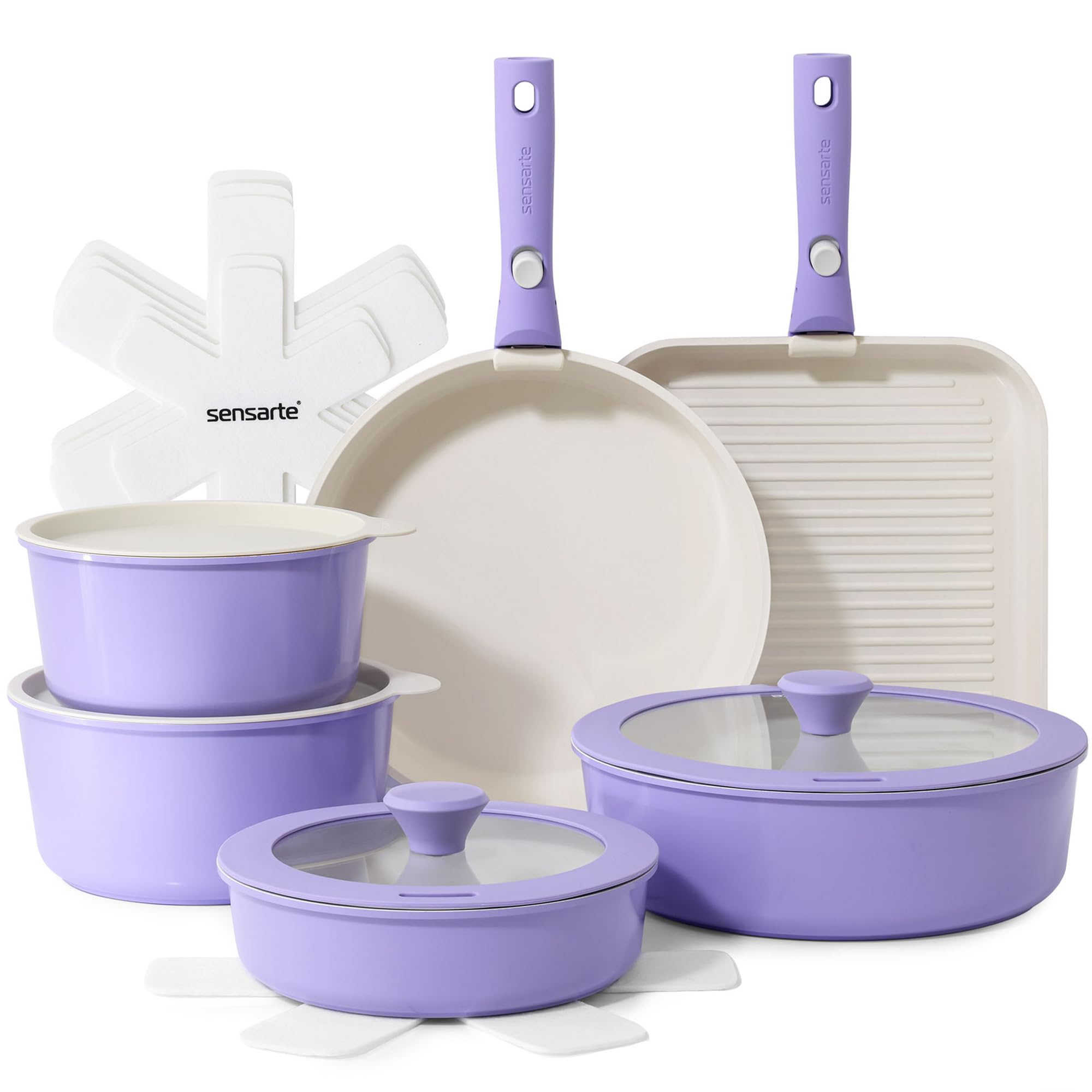 SENSARTE 17 Piece Ceramic Pots and Pans Set, Nonstick Detachable Handle Cookware, Induction Kitchen Cookware Set with Removable Handle, Dishwasher ＆ Oven Safe (Purple) Image