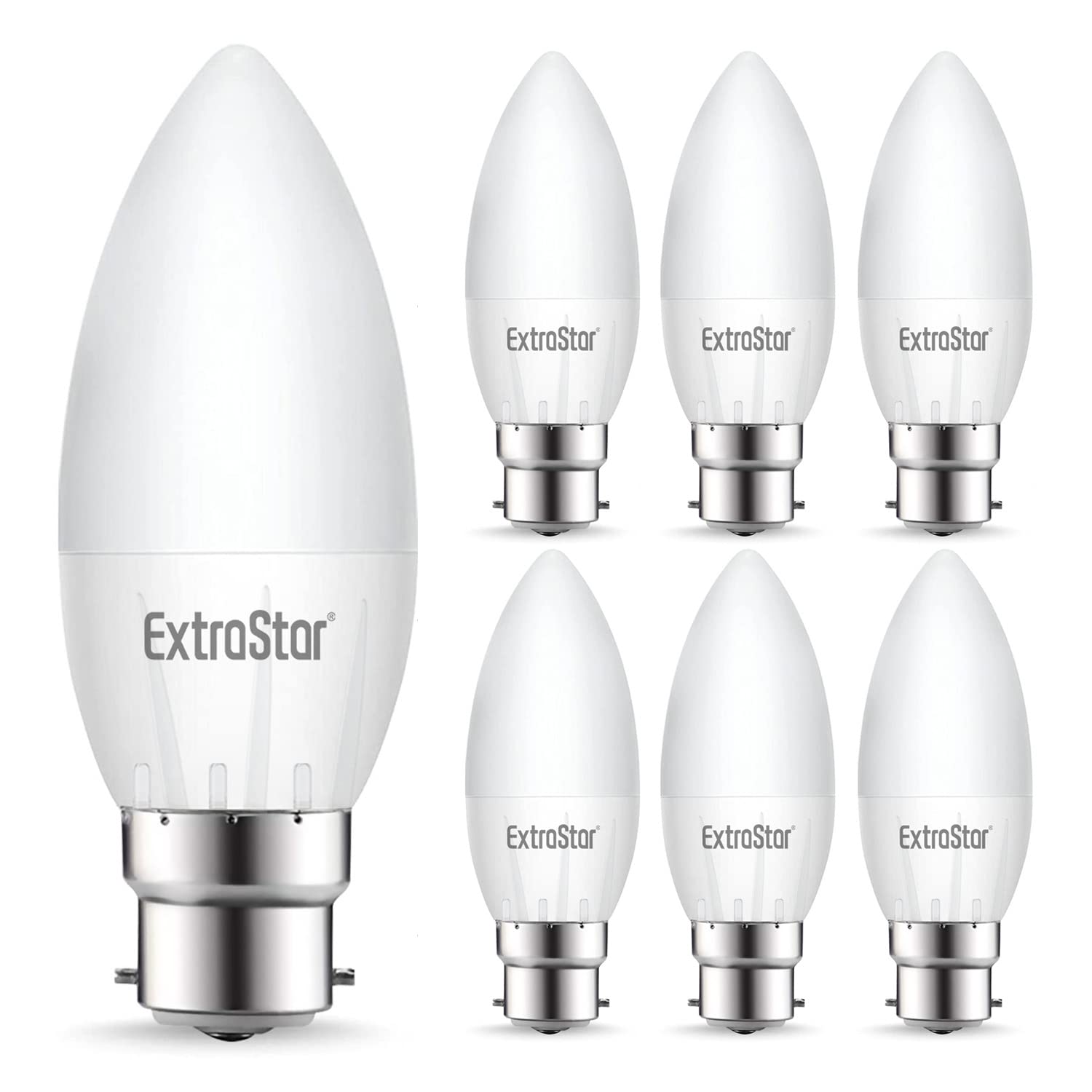 EXTRASTAR 4.9W B22 LED Bayonet Cap Candle Bulbs C37 Light Bulb, 41W Equivalent, Cool White 6500K Daylight Energy Saving, 480LM, Non-Dimmable, Pack of 6
