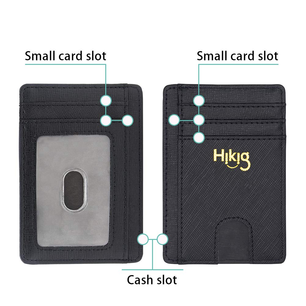 Slim Minimalist Leather Wallet RFID Blocking Money Clip Front Pocket Credit Card Holder Men Women Mini Wallet (Black)