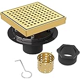 6 Inch Square Shower Drain | Brushed Gold Shower Drain with Flange, Hair Strainer & Removable Grid Cover, AISI 304 Stainless Steel Shower Floor Drain, in Bathroom, Kitchen, Balcony etc