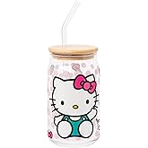Silver Buffalo Sanrio Hello Kitty Strawberry Milk Bow Pink Polka Dot Glass Jar Tumbler with Bamboo Lid and Glass Straw, 16 Ounces