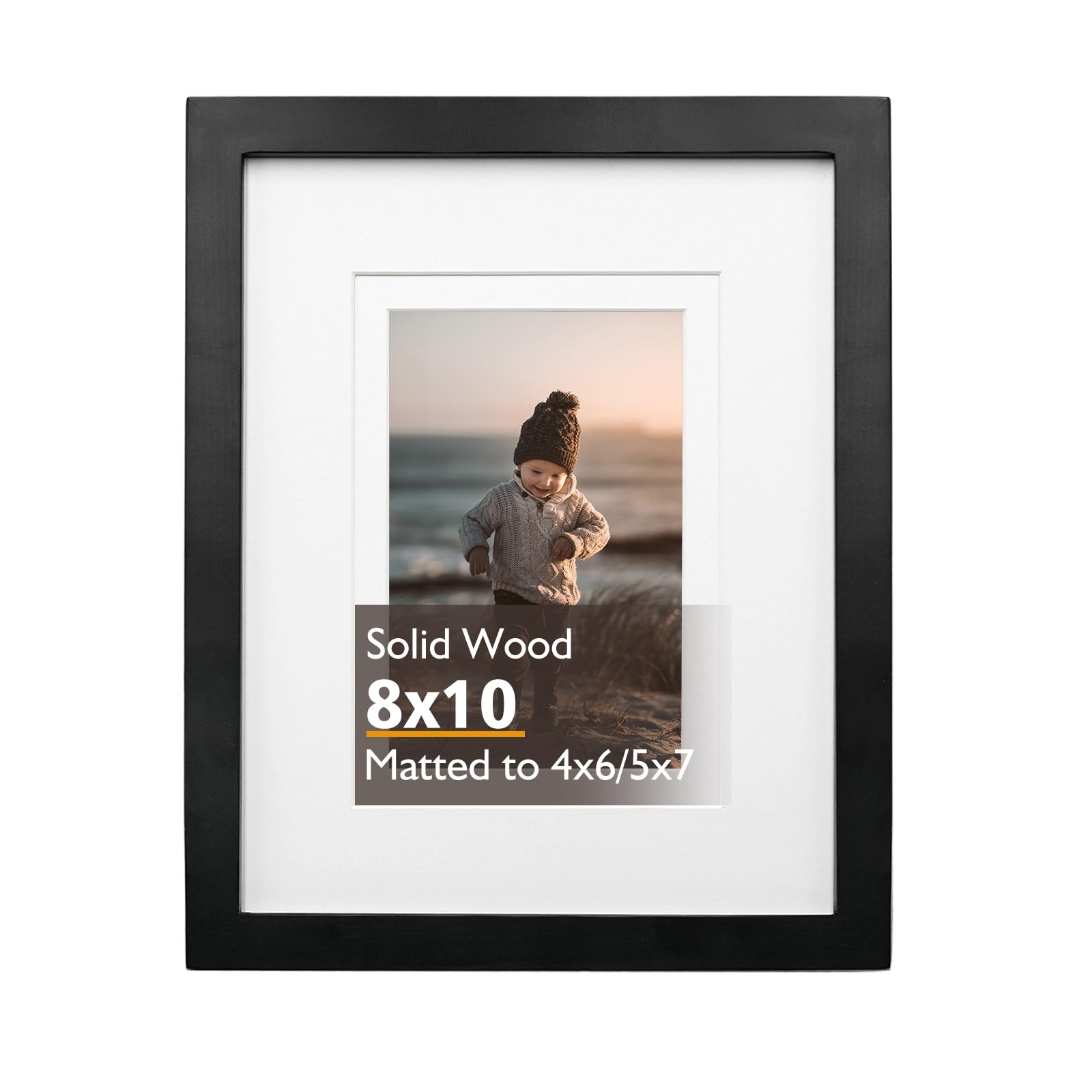 KINLINK 10x8 Picture Frame Black, Wood Frames with Acrylic Plexiglass for Picture 6x4/7x5 with Mat or 10x8 without Mat, Tabletop and Wall Mounting Display