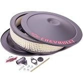 ProForm Air Cleaner Assembly, Classic, 14 in Round, 3 in Element, 5-1/8 in Carb Flange, Drop Base, Red Chevrolet Logo, Steel, Black Crinkle, Kit
