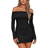 LILLUSORY Womens Folded Neck Off The Shoulder Long Sleeve Mini Going Out Bodycon Pullover Sweater Dress 2025