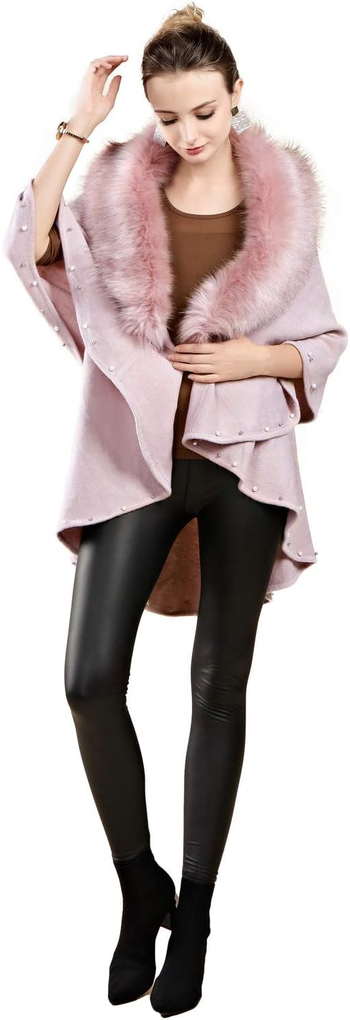 FOLOBEWomen's Winter Knitted Faux Fur Poncho Capes Shawl Cardigans Sweater Coat