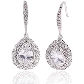 CZ Teardrop Earrings for Women - Sterling Silver Bridal Pear Shape Cubic Zirconia Crystal Rhinestone Fishhook Dangle Drop Earrings for Bride Bridesmaids Wedding Party Prom Fashion Costume Jewelry
