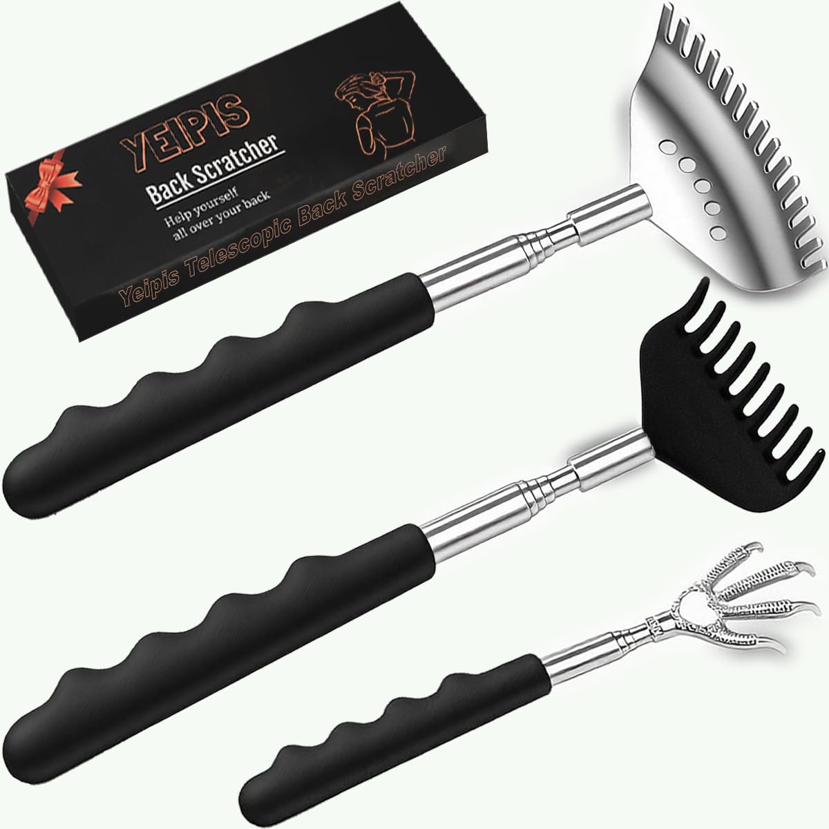 Photo 1 of 3pcs Upgraded Back Scratcher Massager, Telescoping Back Massage Stocking Stuffers for Men in a box with Eagle Claw, 9-teeth Rake Claw and 15-teeth Rake Claw, Rubber Handle, White Elephant Gifts