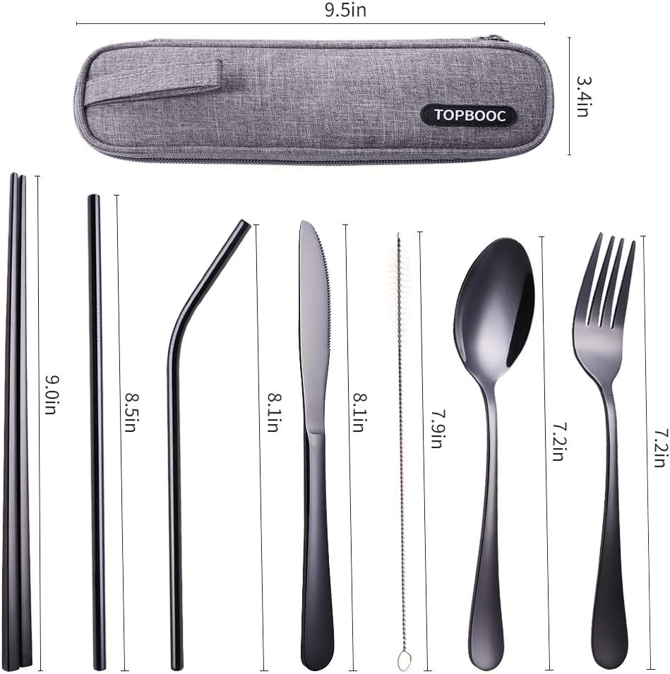  | Portable Stainless Steel Flatware Set, Travel Camping Cutlery Set, Portable Utensil Travel Silverware Dinnerware Set with a Waterproof Case (8-Pieces Flatware Set Black)…: Flatware Sets