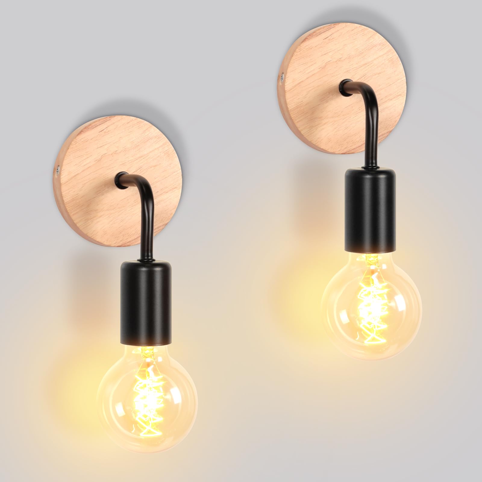 iDEGU Set of 2 Metal and Wood Wall Lights E27 Indoor Wall Lighting for Bedroom, Bathroom (Wood Bracket - Black)
