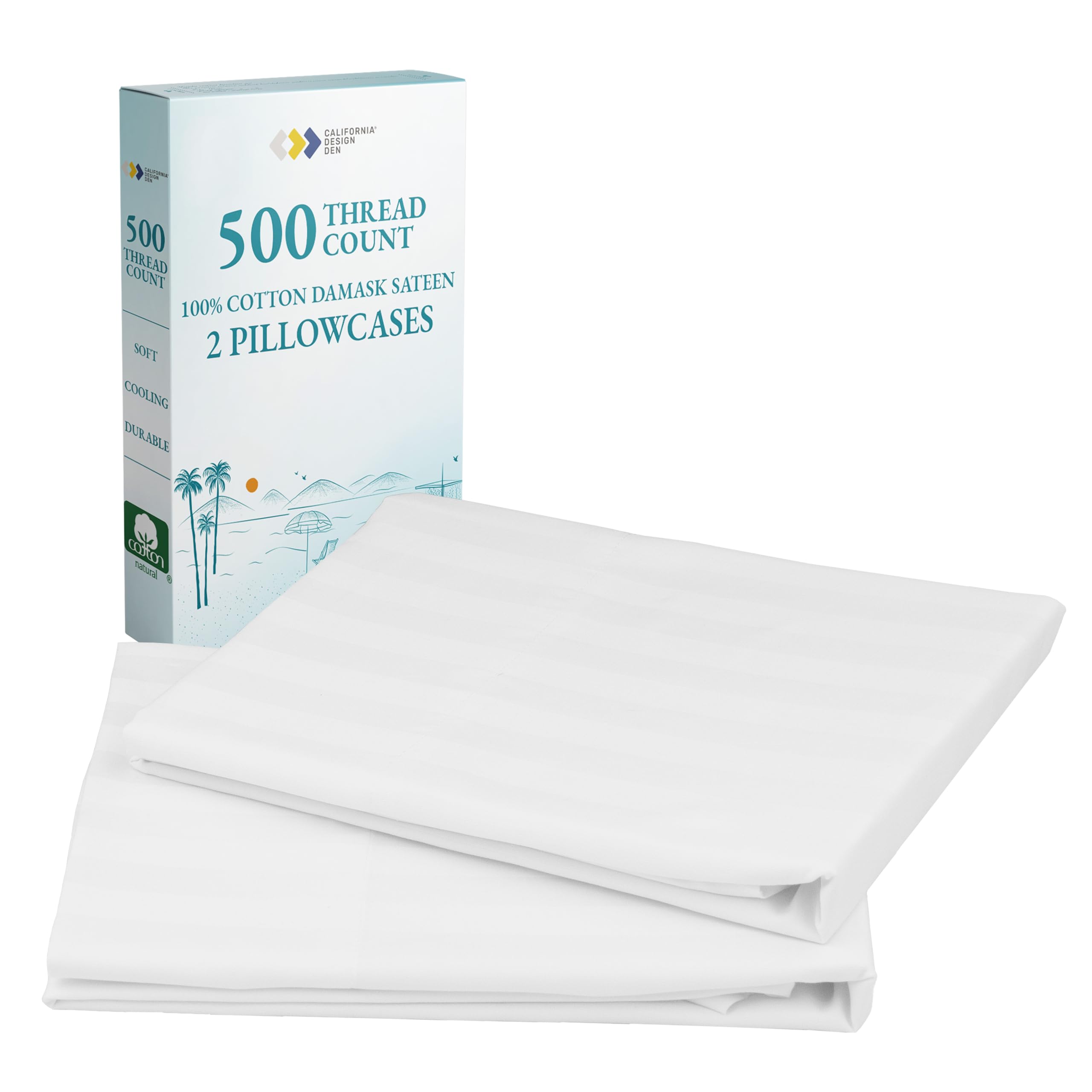 CALIFORNIA DESIGN DEN Soft & Silky 500 Thread Count 100% Cotton is Cool & Smooth, 2 White Standard Pillow Cases Fits Standard & Queen Pillows (Damask Stripe - Pure White)