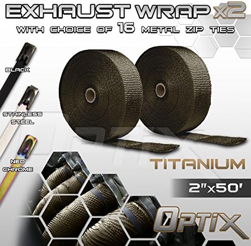 Optix 2" (W) x 50' (L) Thermal Header Exhaust Wrap Kit - Heat Shield Tape with Stainless Steel Zip Ties - 2 Rolls - Titanium