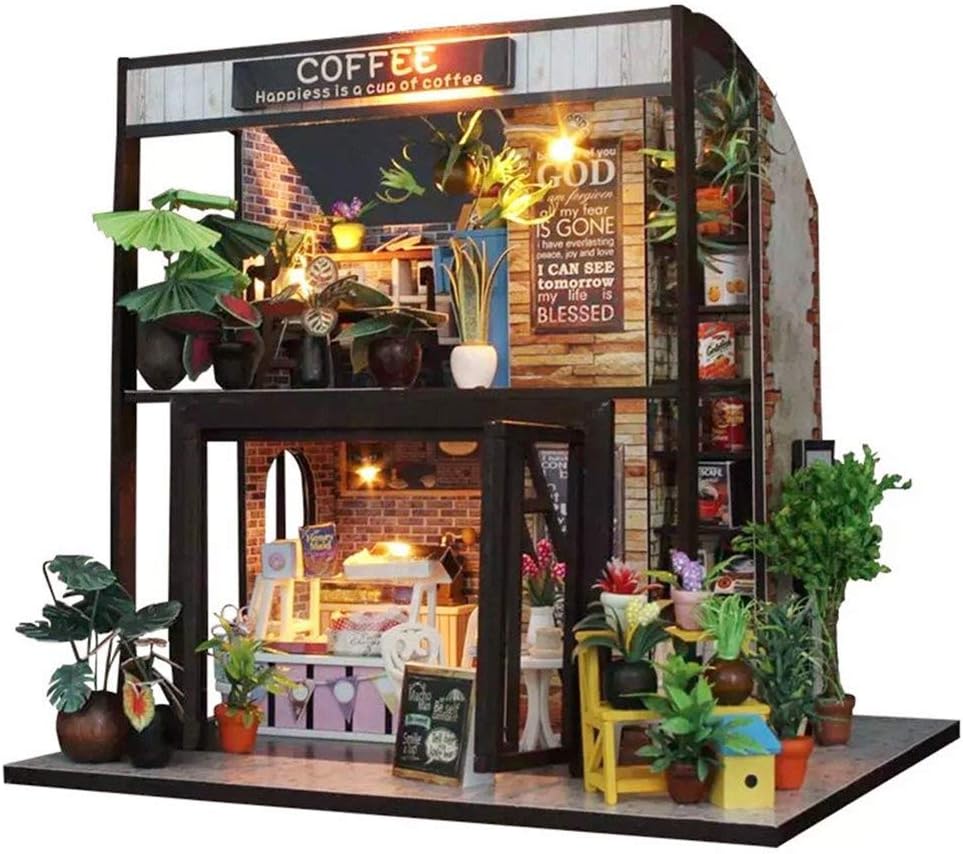 khkadiwb DIY ToysDIY Wooden Miniature Cafe House Dollhouse with Furniture LED Light Toy Gift DIY Assembling Beautiful Decor Durable Kids' Gift