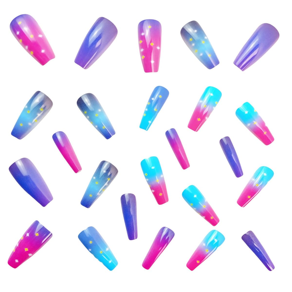 Medium Press on Nails Coffin Fake Nails with Purple Blue Pink Gradient Design Glue on Nails Glossy Acrylic Full Cover Nails Press on Reusable False Nails Cute Stick on Nails for Women Girls 24Pcs - Image 5