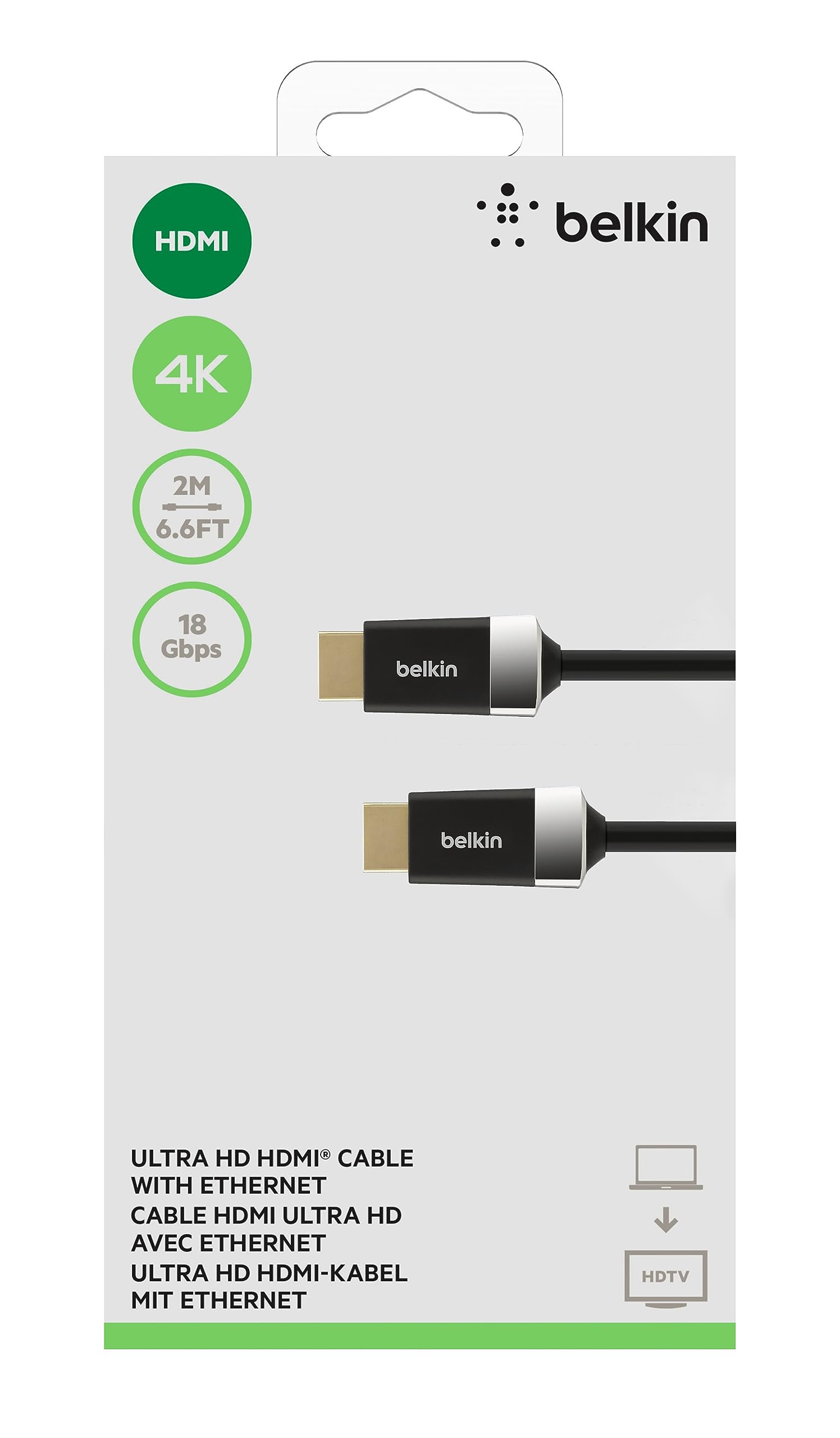 Belkin 6.6ft/2M HDTV High-Speed HDMI Cable w/Ethernet, 4K/Ultra HD, HDR, & 3D Compatibility, 18Gbps Data Transfer for Streaming, Gaming, Home Theater, Supports HDMI 2.0 for TVs, Monitors, Projectors