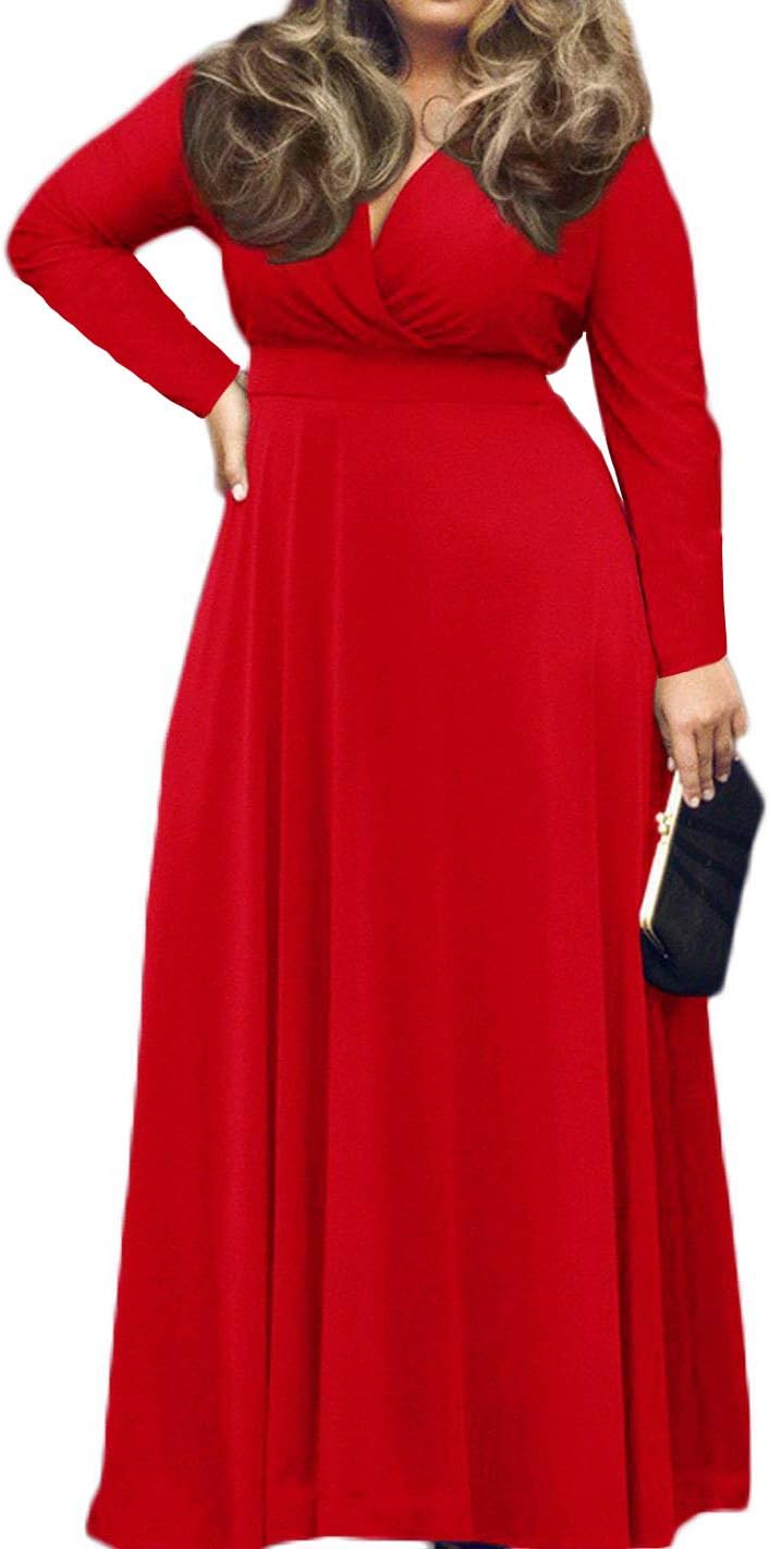 Women's Solid V-Neck Long Sleeve Plus Size Evening Party Maxi Dress
