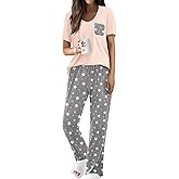 Ekouaer Pajama Sets for Women Short Sleeve Pj Set V Neck Sleepwear Chest Pocket with Long Pants Casual Loose Loungewear