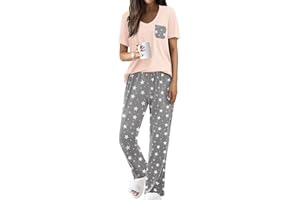 Ekouaer Pajama Sets for Women Short Sleeve Pj Set V Neck Sleepwear Chest Pocket with Long Pants Casual Loose Loungewear