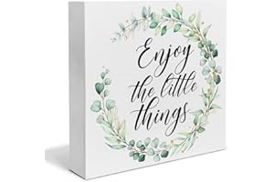 HEIJIE Enjoy the Little Things Wood Box Sign Art Desk Decor Farmhouse Wood Block Sign Decor for Home Kitchen Office Bedroom Living Room Shelf Wall