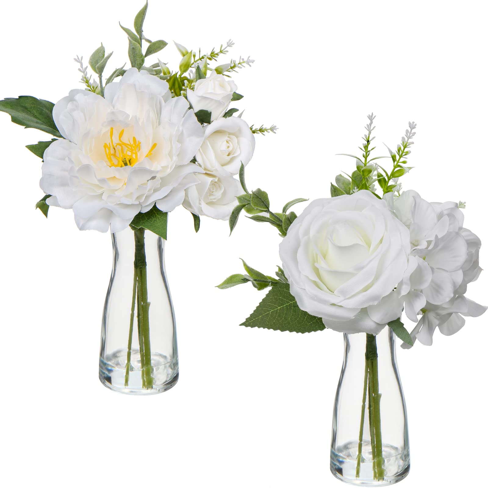 Hollyone 2pcs Artificial Flowers with Glass Vase, Realistic Roses Peonies Hydrangeas Mixed, White Fake Flowers in Vase with Faux Water for Wedding Centerpiece Home Decor Office Party Desk Decorations