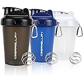 CREAWELLAY 3 Pack Shaker Bottles for Protein Mixes, 17 oz Small Protein Shaker Bottle with Handle, Gym Shaker Cups with Blending Ball for Pre Workout, BPA-Free & Dishwasher Safe (Black, White, Blue)