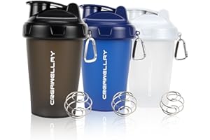 CREAWELLAY 3 Pack Shaker Bottles for Protein Mixes, 17 oz Small Protein Shaker Bottle with Handle, Gym Shaker Cups with Blending Ball for Pre Workout, BPA-Free & Dishwasher Safe (Black, White, Blue)