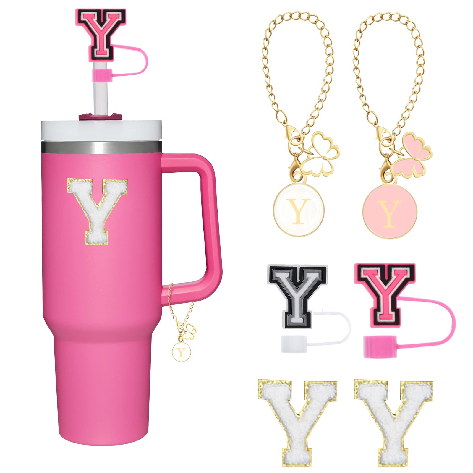 Reusable Straw Cover for Stanley Cup Accessories,2Pcs Dustproof Straw Covers with Letter Charms and Personalized Name Stickers(Y)