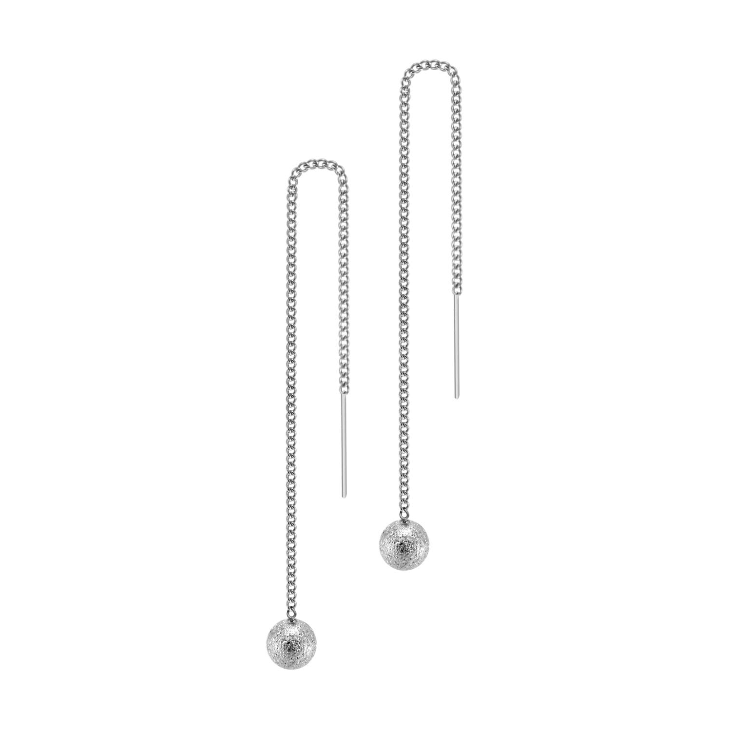 555Jewelry Womens Stainless Steel Small Ball Glitter Drop Threader Thread Dangle Delicate String Pull Through Long String Chain Minimal Fashion Accessory Jewelry Earrings, Silver