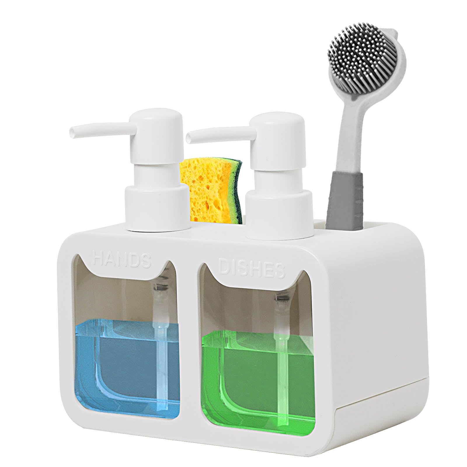 Soap Dispenser,Liquid Hand and Dish Soap Dispenser and Spong Caddy with Brush Holder Countertop Organizer for Kitchen Sink,White