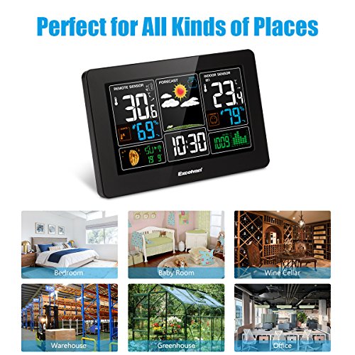 Excelvan Digital Wireless Weather Station with Large LCD Color Display, Barometer for Weather Forecast with Indoor and Outdoor Sensor, Temperature Humidity Monitor, Alarm Clock, Black