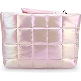 DOB SECHS Quilted Checkered Makeup Bag with Strap, Cute Puffer Cosmetic Bags for Women, Cotton Puffy Toiletry Zipper Pouch, Travel Essentials Storage Organizer Clutch Pencil Case, Iridescent Pink