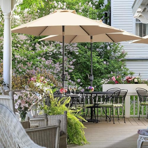 RabbitStorm Paraguas de Mercado de 7,5 Pies, Sombrilla de Mesa para Exteriores con Botón de Inclinación y Manivela para Jardín, Césped, Terraza, Patio Trasero, Piscina, 6 Varillas, Color Caqui