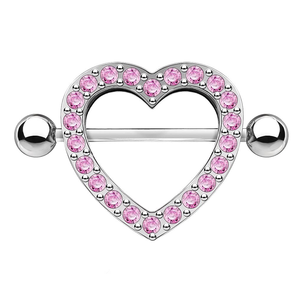 PiercedOff 316L Surgical Steel Nipple Shield with Pink CZ Gem Paved Heart - Thickness 14GA (1.6mm) / Length 22mm / Ball Size 5mm
