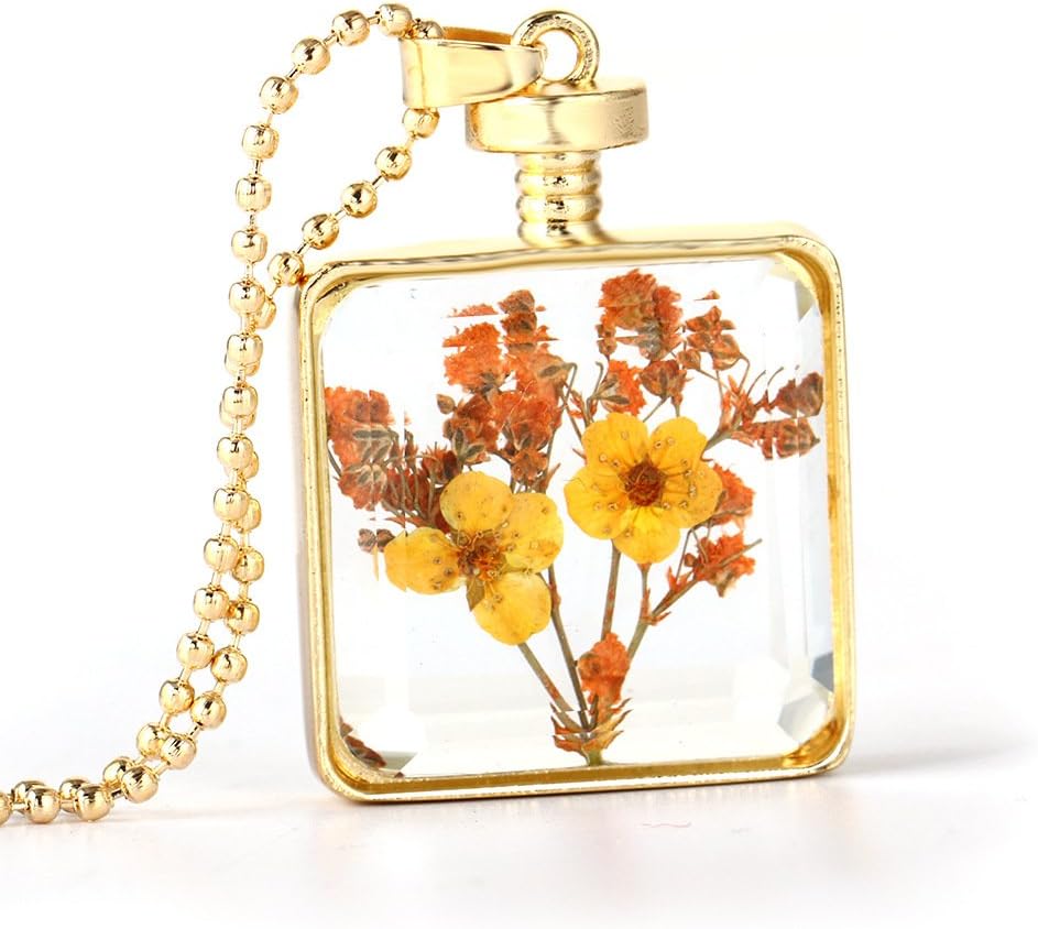 JUESJ Natural Flower Perfume Bottle Pendant Necklace,Transparent Glass Drift Bottle Plant Pendant Necklace for Women Girls Valentine's Gifts
