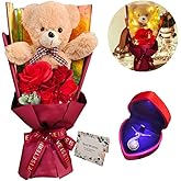 EIGHTOWN Preserved Rose Bouquet Flowers with Teddy Bear - Red Roses Artificial Flowers with Pearl Necklace for Her - Love Gift Mother's Day,Valentine's Day,Birthday (RED)