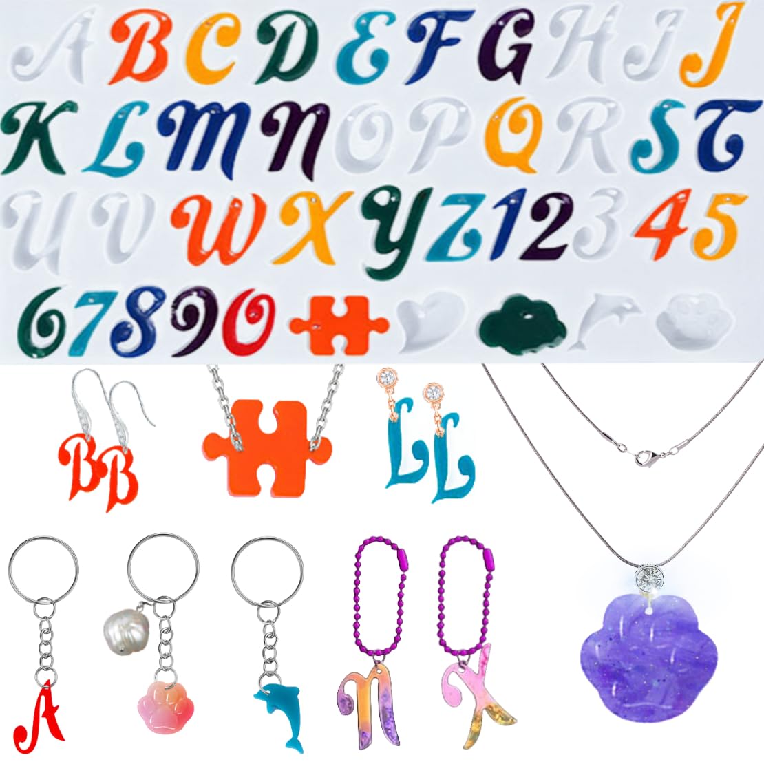 DeryArcle Letter Pendant Resin Mould Number Alphabet Key Chain Silicone Moulds Small Earring Epoxy Resin Casting Mold with Holes for DIY Necklace Jewelry Charm Bag Phone Shell Craft Decor
